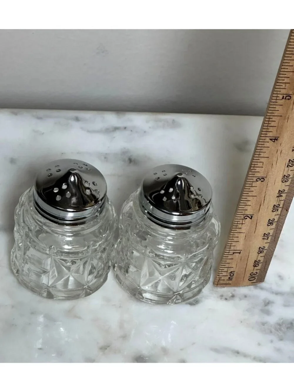 Vintage Glass Salt & Pepper Shakers With Metal Lids Starburst Pattern 3 Inches
